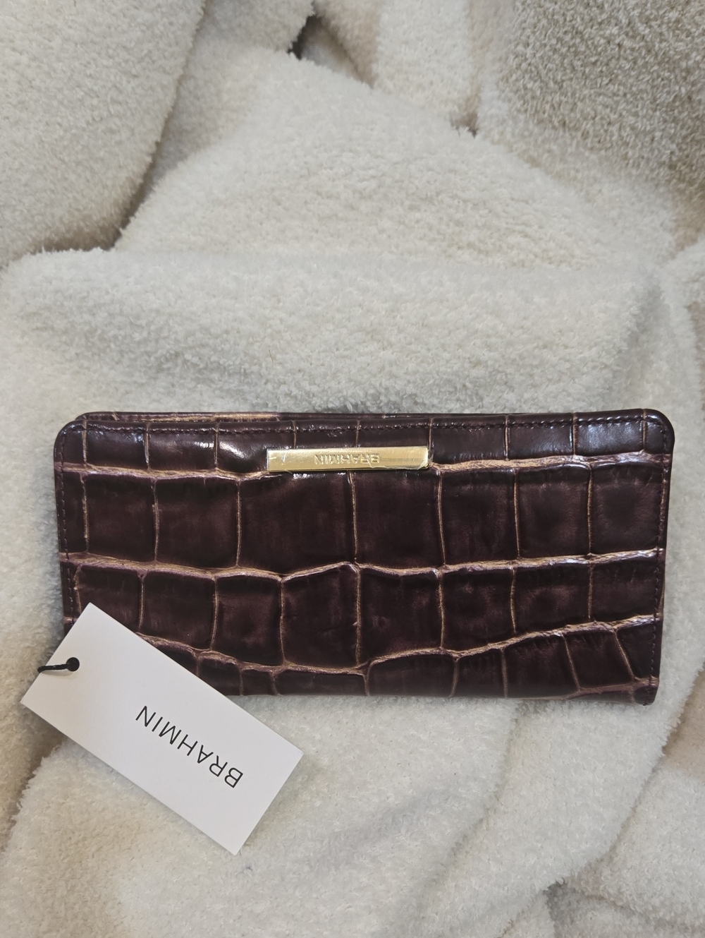 Brahmin Ady Croc-Embossed Leather Wallet Dark Brown Gold Accent New With Tags